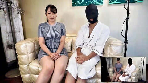 Mizuki in short striped dress with robed woman on couch, JAV creampie tease
