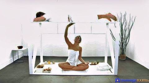 Romy Indy mulata in white towel, lotus pose for sensual massage