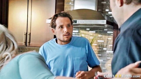 Blonde wife tempts surprised young man in kitchen threesome setup
