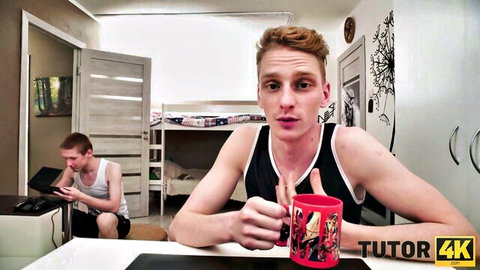 Martin Spell and young friend in dorm, thumbs up with mug, tutor 4K