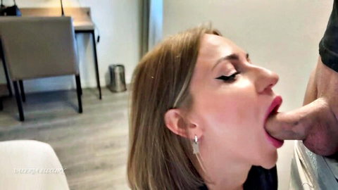 Blonde babe with glossy lips sucking thick cock passionately in bedroom