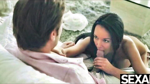 Brunette babe sucking cock with handjob in intimate bedroom blowjob