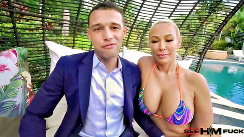 Mellanie Monroe in skimpy bikini with suited stud poolside See Him Fuck