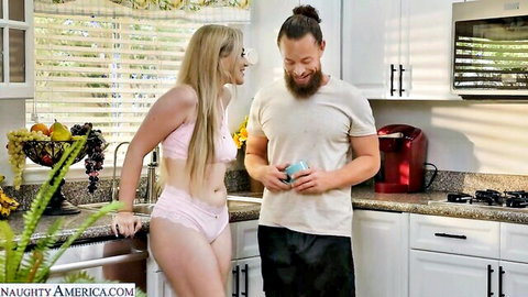 Blake Blossom in pink lingerie flirting with stud in kitchen