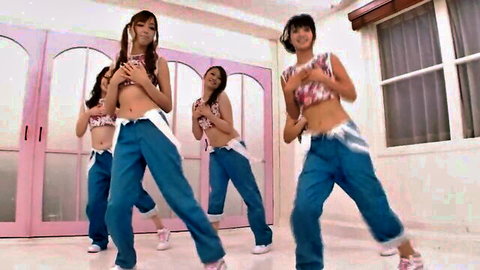 Four Japanese teens dancing in sexy crop tops and low-rise jeans for uncensored groupsex