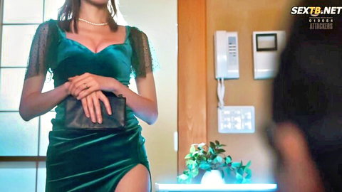 Sora Amakawa in sexy emerald green velvet dress with cleavage, elegant pose