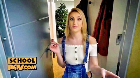 Blonde Sharon White in white top and denim overalls, POV schoolgirl tease