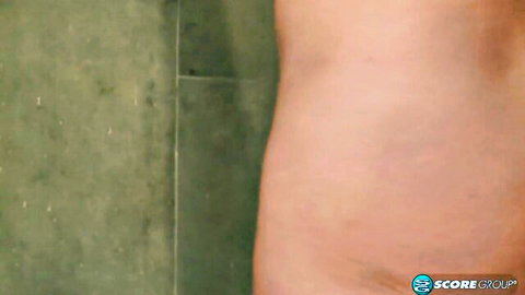 60-year-old Morgan's nude mature body side view in shower, big tits milf