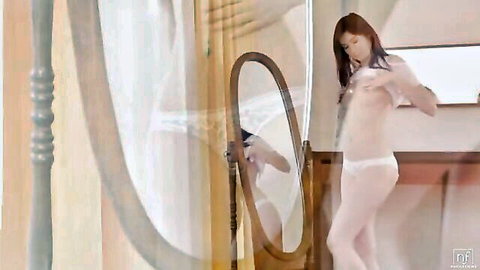 Redhead babe teasing topless covering perky tits with shirt in white panties mirror reflection