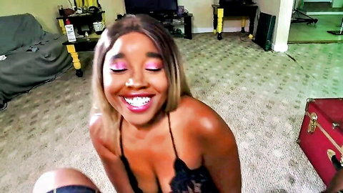 Smiling black babe with big tits in black lace top teasing for homemade couple video