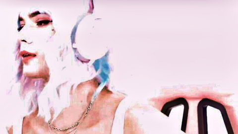Pretty gamer femboy with white hair, blue tips, headphones, seductive pose