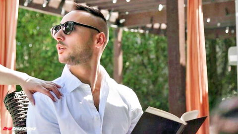 Valentina Nappi hand on fit man's shoulder in sunny outdoor tease