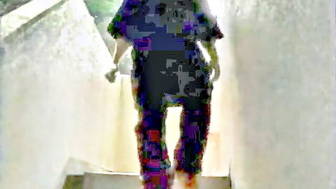 Blurry view of Japanese wife in loose pants climbing stairs teaser