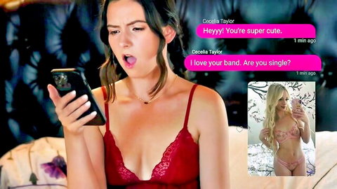 Cecelia Taylor in red lace lingerie reading flirty texts from fan