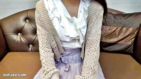 Kamigami Kamitama in rustic look, frilly white blouse, beige cardigan, purple skirt