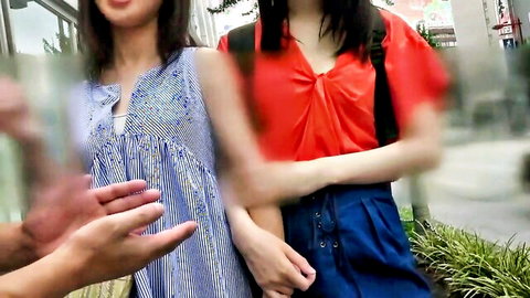 Asian mother-daughter duo in casual summer outfits, teasing hands reach out in JAV thumbnail