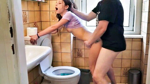 Slim petite brunette stepdaughter fucked hard in toilet