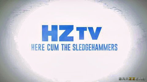 Brazzers 'Here Cum the Sledgehammers' explicit porn promo title screen with cum pun.