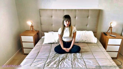Young Latina Sofía 18 in Argentina casting, sitting clothed on bed