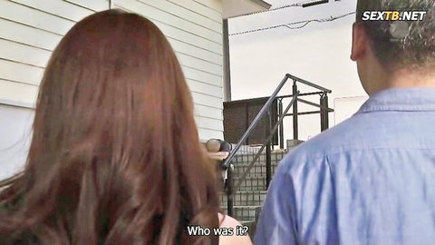 Mako Oda as secretive wife talking to man outdoors in JAV plot scene