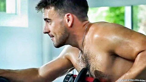 Muscular hairy otter man sweating in erotic workout training
