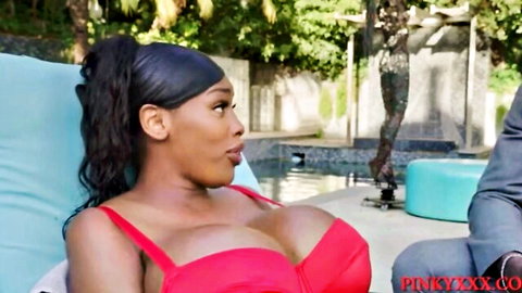 Busty ebony star Lia Lovely in red bikini teases poolside with bodyguard