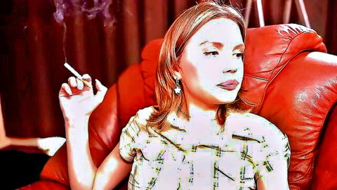 Seductive brunette smoking on couch, stepdaughter vibe in taboo video