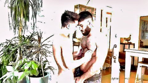 Diego intimately embraces shirtless Asian partner in close hug