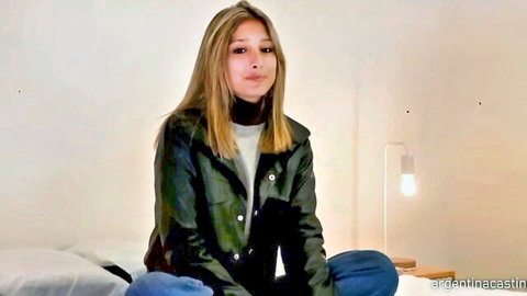 Zoe 18 Argentina casting, young blonde in leather jacket audition