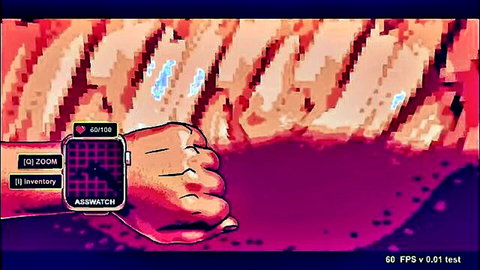 Pixel art hentai game thumbnail: Bunny girl with Asswatch device UI