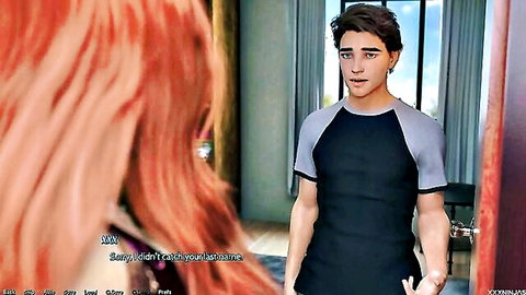 Animated redhead girl chats with handsome brown-haired guy in casual clothes