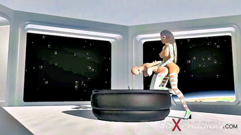 3D alien futanari dickgirl fucks sexy girl in space station