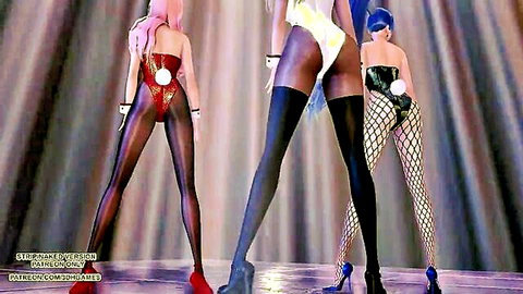 Bunny Ahri, Kaisa, Seraphine sexy K/DA dance from behind, LoL 3D hentai