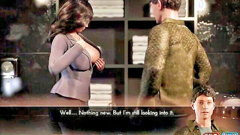 3D animated brunette woman in gray suit showing cleavage in adult game dialogue