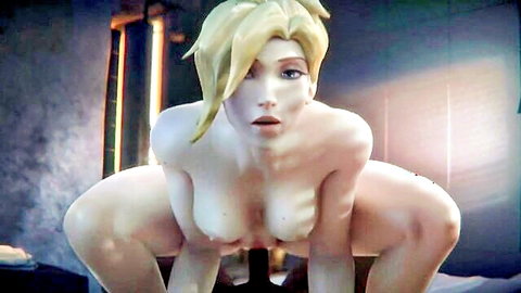 Nude Mercy from Overwatch in explicit cowgirl squat pose, blonde cosplay quickie