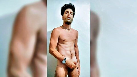 Sexy muscular Arab man nude solo, hand on cock, hot pose