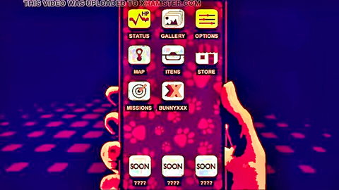 BunnyXX mobile game screenshot on purple phone held by hand with pink paw prints and soon teasers
