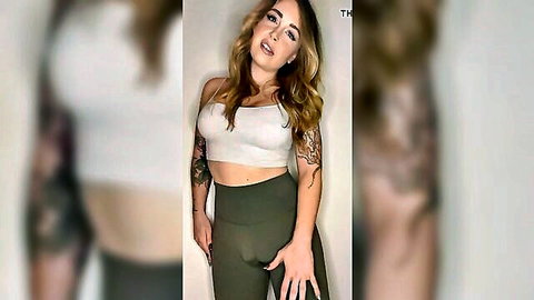 Lucky Anne teases with strapon bulge in tight yoga pants and crop top