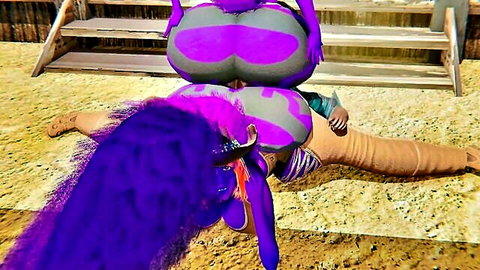 Purple furry skunk babe with massive tits and ass spreads wide in wild west scene