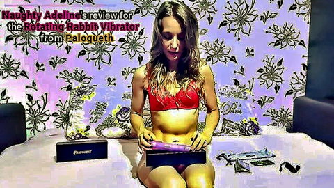 Skinny amateur MILF Naughty Adeline in red bra holds thick purple rotating rabbit vibrator
