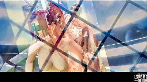 Busty redhead and blonde League of Legends babes with huge tits nude embracing through chain-link fence