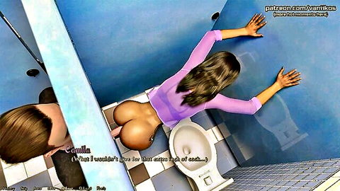 Thick-ass purple-haired babe bent over toilet spreading shaved pussy for big cock doggystyle fuck