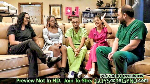 Angel Ramiraz and cast in medical scrubs for gyno exam BTS interview