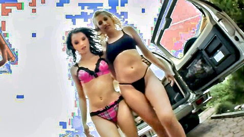 Crystal Anne and Lucy in sexy lingerie teasing by car, Euro anal babes preview