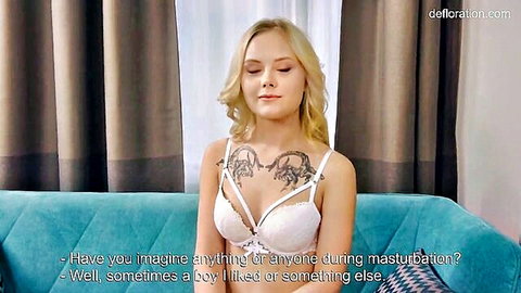 Lucy Blond in white lingerie, teasing solo masturbation