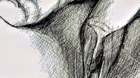Detailed black and white sketch of shaved pussy with spread labia majora and minora folds.
