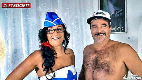 Mature Italian amateur in flight attendant uniform with hairy interracial partner