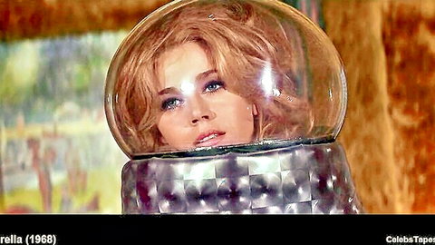 Blonde bombshell in transparent glass space helmet looking up seductively