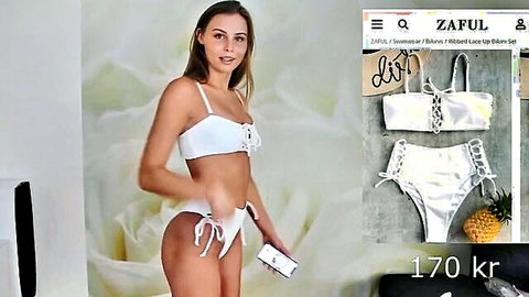 Skinny teen in sexy white lace-up bikini posing with small tits and tight body
