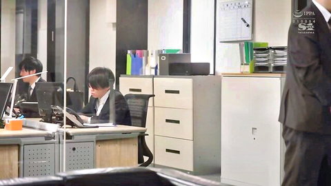 Big tits Asian secretary in office suit with male colleagues